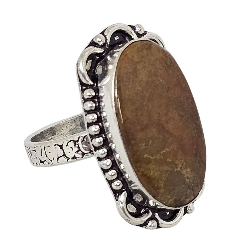 Sterling Silver Oval Picture Jasper Ring Boho Statement Jewelry Ornate‎ Design